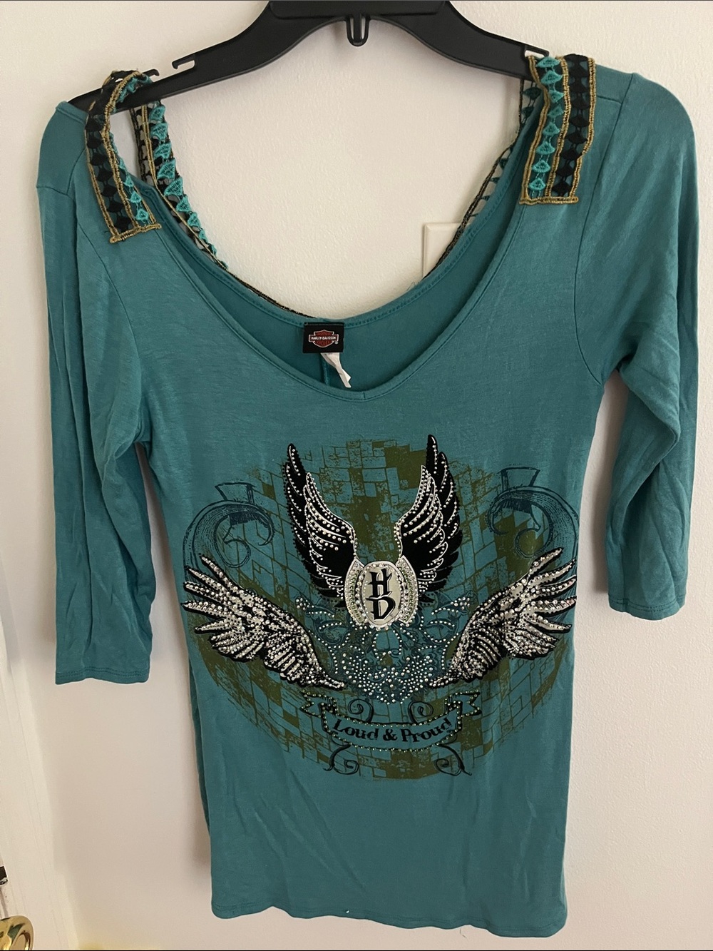 Harley-Davidson Y2K Vintage Teal top blouse T shirt Embellished rhinestones M